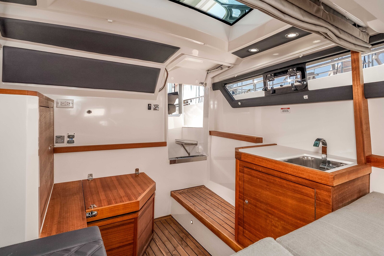 Forward cabin and storage aboard the 2018 Axopar 37 Mini Mahana