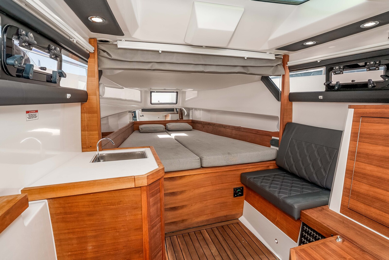 Forward cabin double berth aboard the Axopar 37 Mini Mahana