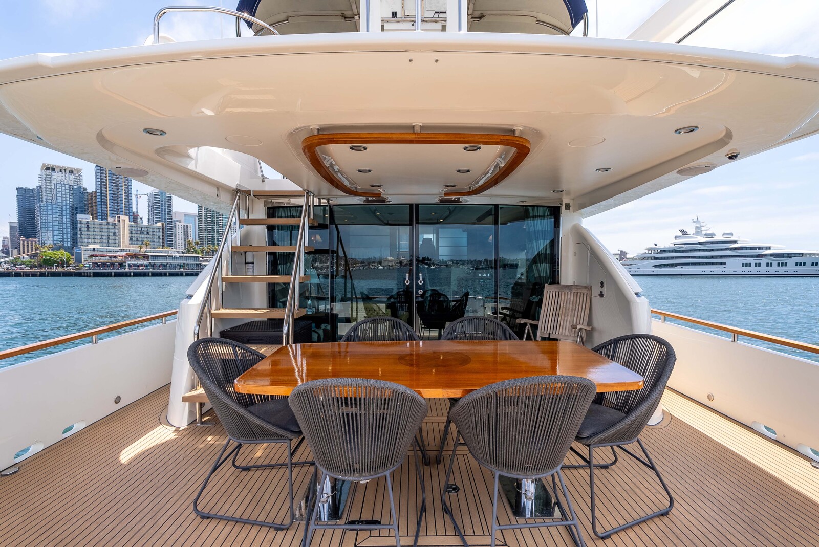 Aft deck of Fairline Squadron 78 Sea Hammock looking forward, alfresco seating and shade