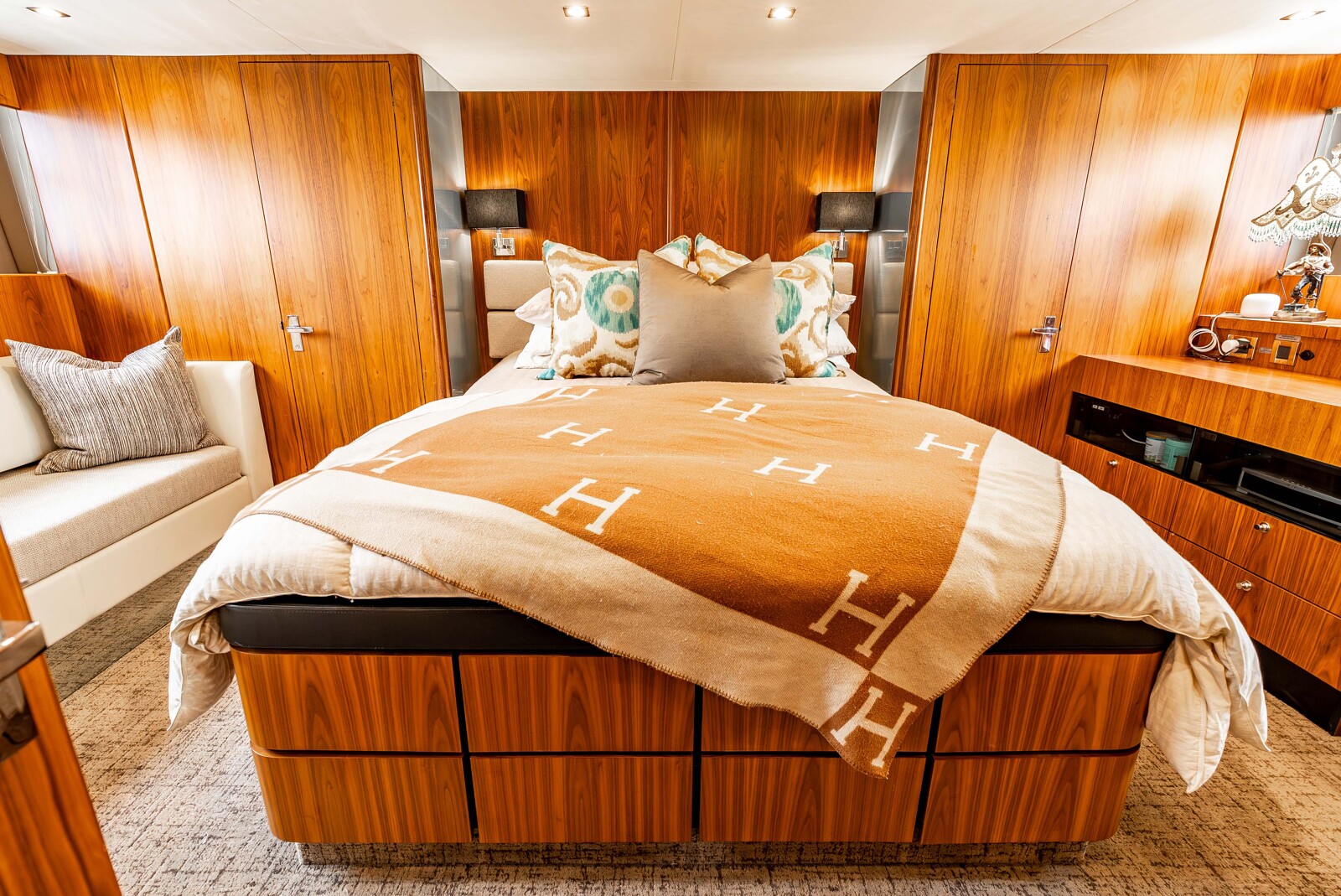 Full-beam owner's stateroom amidships aboard Fairline Squadron 78 Sea Hammock