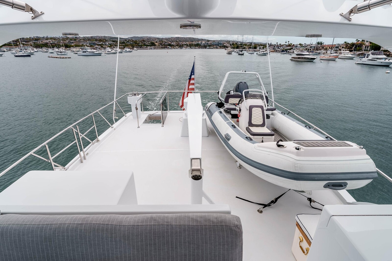 Boat deck with tender aboard the Nordlund 74 pilothouse yacht Following Sea II