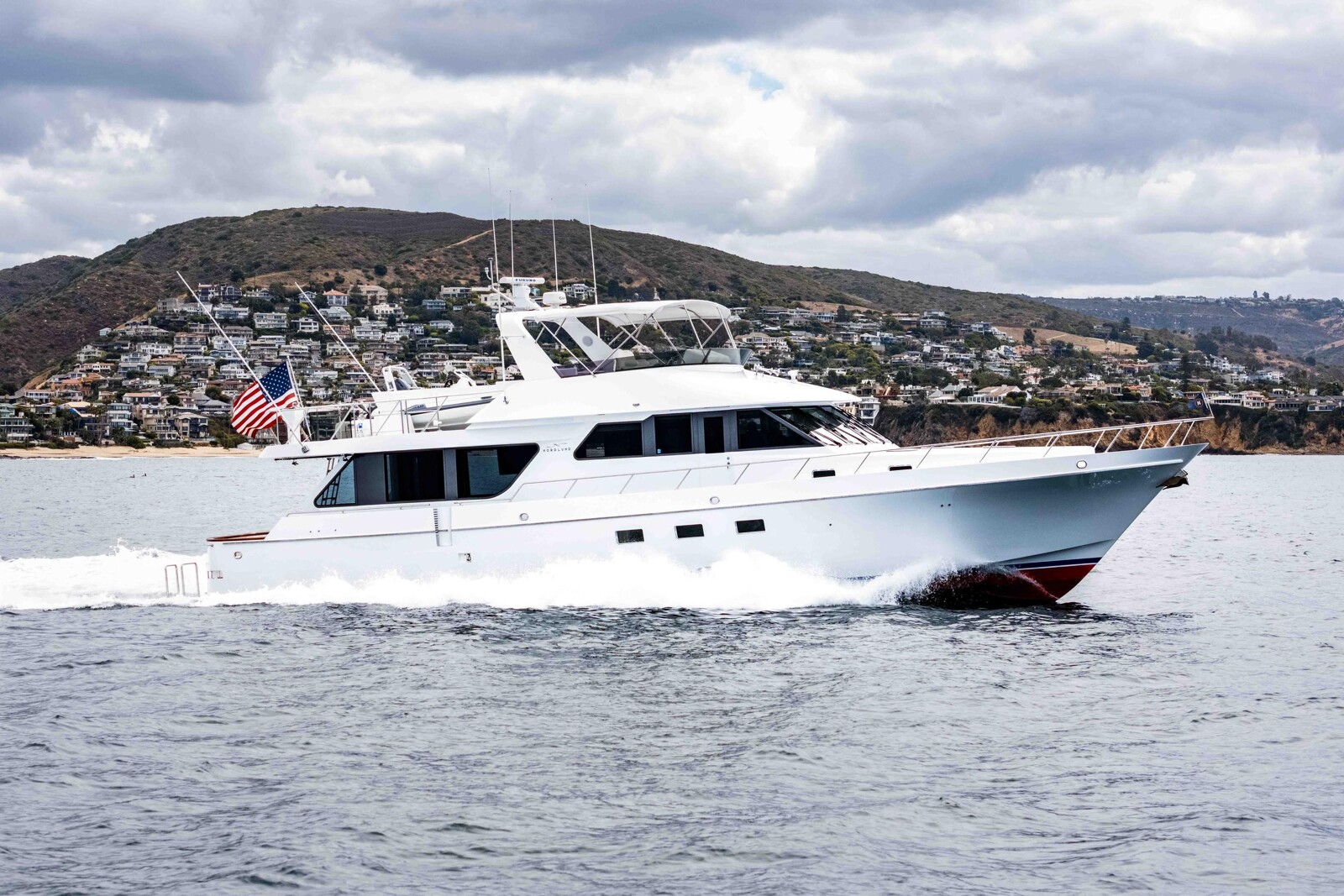 74-foot Nordlund pilothouse motor yacht Following Sea II underway off the Southern California coast, for sale after 2025 refit
