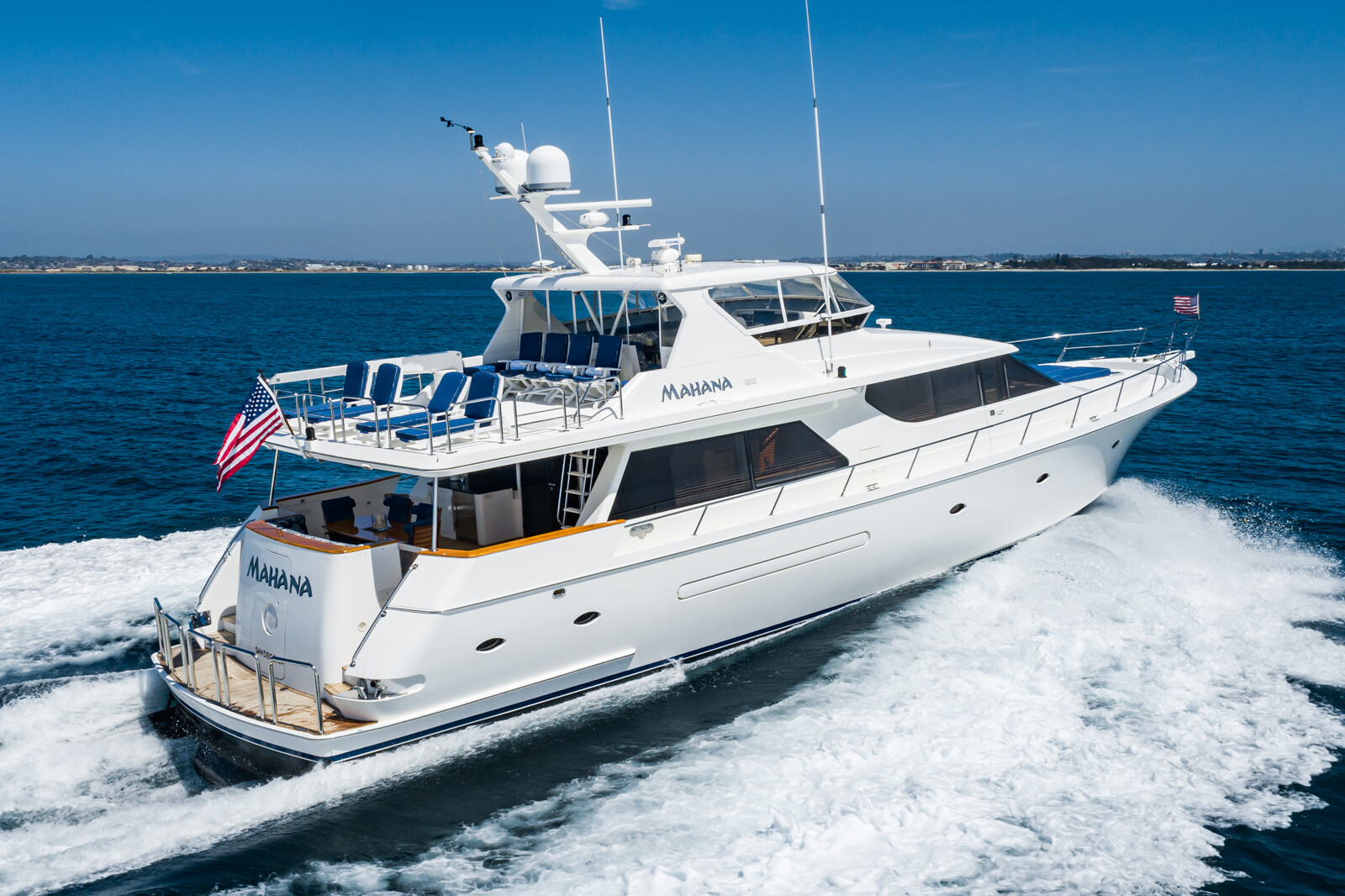 78-foot West Bay SonShip pilothouse motor yacht Mahana running at sea, for sale through Fraser Yachts San Diego